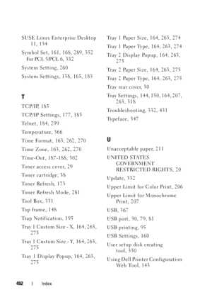 Page 494FILE LOCATION:  C:\Users\fxstdpc-
admin\Desktop\30_UG??\Mioga_SFP_UG_FM\Mioga_SFP_UG_FM\Mioga-SFP-UGIX.fm
DELL CONFIDENTIAL – PRELIMINARY 9/13/10
FOR PROOF ONLY
492Index
SUSE Linux Enterprise Desktop 
11, 134
Symbol Set, 161, 168, 289, 352
For PCL 5/PCL 6, 3 5 2
System Setting, 260
System Settings, 158, 165, 183
T
TCP/IP, 185
TCP/IP Settings, 177, 185
Telnet, 184, 299
Temperature, 366
Time Format, 163, 262, 270
Time Zone, 163, 262, 270
Time-Out, 187-188, 302
Toner access cover, 29
Toner cartridge, 38...