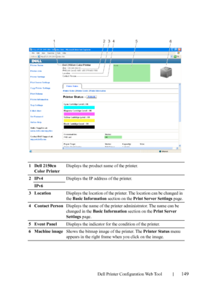 Page 151Dell Printer Configuration Web Tool149
1 Dell 2150cn 
Color PrinterDisplays the product name of the printer.
2IPv4Displays the IP address of the printer.
IPv6
3 LocationDisplays the location of the printer. The location can be changed in 
the Basic Information section on the Print Server Settings page.
4 Contact PersonDisplays the name of the printer administrator. The name can be 
changed in the Basic Information section on the Print Server 
Settings page.
5 Event PanelDisplays the indicator for the...