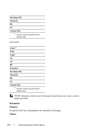 Page 288286Understanding the Printer Menus
inch series
 NOTE: Selecting a custom size for the paper size prompts you to enter a custom 
length and width.
Orientation
Purpose:
To specify how text and graphics are oriented on the page.
Va l u e s :
Envelope #10
Monarch
DL
C5 
Custom Size
*1Denotes country-specific factory 
default value.
Letter*1
Folio 
Legal
A4
A5
B5
Executive
Envelope #10
Monarch
DL
C5 
Custom Size
*1Denotes country-specific factory 
default value.
 