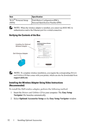 Page 5452Installing Optional Accessories
 NOTE: When the wireless adapter is installed, you cannot use IEEE 802.1x 
authentication and/or the Ethernet port for a wired connection.
Verifying the Contents of the Box
 NOTE: To complete wireless installation, you require the corresponding Drivers 
and Utilities CD that comes with your printer, which can also be downloaded from 
support.dell.com.
Installing the Wireless Adapter Using Video Instructions 
(Recommended)
To install the Dell wireless adapter, perform the...