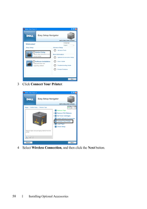 Page 6058Installing Optional Accessories
3Click Connect Your Printer.
4Select Wireless Connection, and then click the Next button.
 