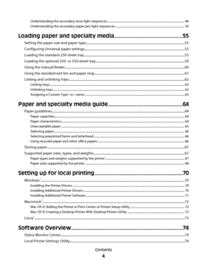 Page 4Understanding the secondary error light sequences ........................................................................................................ 46
Understanding the secondary paper jam light sequences ............................................................................................. 50
Loading paper and specialty media.............................................55
Setting the paper size and paper...