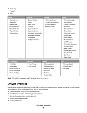 Page 75PostScript
Parallel
USB
PaperFinishingQualitySetup
Paper Source
Paper Size
Paper Type
Custom Types
Substitute Size
Paper Texture
Paper Weight
Duplex Binding
Copies
Blank Pages
Collation
Separator Sheets
Separator Source
Multipage (pages/side)
Multipage Ordering
Orientation
Multipage Border
Print Resolution
Small Font Enhancer
Toner Darkness
Picture Grade
Printer Language
Jam Recovery
Display Language
Print Area
Alarm Control
Toner Alarm
Download Target
Power Saver
Print Timeout
Auto Continue
Wait...