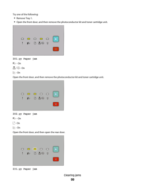 Page 99Try one of the following:
Remove Tray 1.
Open the front door, and then remove the photoconductor kit and toner cartridge unit.
201.yy Paper jam
 - On
 - On
 - On
Open the front door, and then remove the photoconductor kit and toner cartridge unit.
202.yy Paper jam
 - On
 - On
 - On
Open the front door, and then open the rear door.
231.yy Paper jam
Clearing jams
99
 
