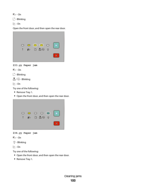 Page 100 - On
 - Blinking
 - On
Open the front door, and then open the rear door.
233.yy Paper jam
 - On
 - Blinking
 - Blinking
 - On
Try one of the following:
Remove Tray 1.
Open the front door, and then open the rear door.
234.yy Paper jam
 - On
 - Blinking
 - On
Try one of the following:
Open the front door, and then open the rear door.
Remove Tray 1.
Clearing jams
100
 