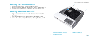 Page 14014014/
CHAPTER 3: COMPARTMENT DOOR 
31
2
1compartment door tabs (3)3captive screws (2)
2compartment door
Removing the Compartment Door
Follow the instructions in “Before You Begin” on page 1. 6.
Remove the battery pack (see “Removing the Battery Pack” on page 2. 11).
Loosen the two captive screws and remove the compartment door.3. 
Replacing the Compartment Door
Align the compartment door tabs with the slots on the base of the 1. computer.
Place the compartment door and tighten the two captive screws.2....