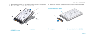 Page 18018018/
CHAPTER 4: HARD DRIVE(S) 
Remove the four screws that secure the hard drive bracket to the hard drive.7. 
Slide the hard drive out of the hard drive bracket.8. 
3
1
2
1screws (4)3hard drive
2hard drive bracket
Remove the interposer from the secondary hard drive (HDD1), if applicable.9. 
Secondary Hard Drive (HDD1)
1
2
1interposer2secondary hard drive (HDD1) 