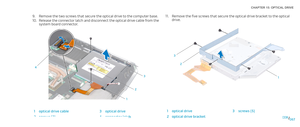 Page 67067067/
CHAPTER 15: OPTICAL DRIVE 
Remove the five screws that secure the optical drive bracket to the optical 11. drive.
1
2
3
1optical drive3screws (5)
2optical drive bracket
Remove the two screws that secure the optical drive to the computer base.9. 
Release the connector latch and disconnect the optical drive cable from the 10. system board connector.
1
2
3
4
1optical drive cable3optical drive
2screws (2)4connector latch 