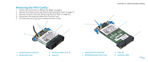 Page 71071071/
CHAPTER 16: WIRELESS MINI-CARD(S) 
1
2
3
4
1system board connector3clips (2)
2WPAN/Bluetooth Mini-Card4antenna cable
Removing the Mini-Card(s)
Follow the instructions in “Before You Begin” on page 1. 6.
Remove the battery pack (see “Removing the Battery Pack” on page 2. 11).
Remove the palm rest (see “Removing the Palm Rest” on page 3. 42).
Disconnect the antenna cables from the Mini-Card.4. 
Pull back the securing clips to release the Mini-Cards.5. 
1
2
4
3
1system board connector3antenna cables...