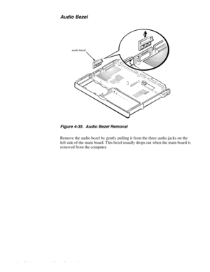 Page 884-52 Dell Inspiron 3000 Series Service Manual
Audio Bezel
Figure 4-35.  Audio Bezel Removal
Remove the audio bezel by gently pulling it from the three audio jacks on the 
left side of the main board. This bezel usually drops out when the main board is 
removed from the computer.
audio bezel 