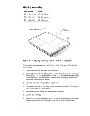 Page 524-16Dell Inspiron 3500 Portable Computer Service Manual
LVSOD\$VVHPEO\
)LJXUH  LVSOD\ $VVHPEO\ 6FUHZV³%RWWRP RI &RPSXWHU
To remove the display assembly, see Figures 4-12, 4-16, and 4-17 and follow 
these steps:
1. Close the computer and place it upside down.
2. Remove the four 16-mm display screws from the bottom of the computer 
(see Figure 4-17). The display screws have a “D” tooled into the base plas-
tic beside them. Once the screws are removed, the display assembly is 
very loose (see the...