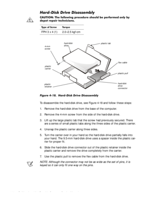 Page 624-26Dell Inspiron 3500 Portable Computer Service Manual
+DUGLVNULYHLVDVVHPEO\
&$87,21 7KH IROORZLQJ SURFHGXUH VKRXOG EH SHUIRUPHGRQO\E\
GHSRW UHSDLU WHFKQLFLDQV
)LJXUH  +DUGLVN ULYH LVDVVHPEO\
To disassemble the hard-disk drive, see Figure 4-18 and follow these steps:
1. Remove the hard-disk drive from the base of the computer. 
2. Remove the 4-mm screw from the side of the hard-disk drive. 
3. Lift up the large plastic tab that the screw had previously secured. There 
are a series of small...