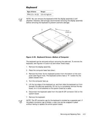 Page 67Removing and Replacing Parts 4-31
.H\ERDUG
NOTE: You can remove the keyboard while the display assembly is still 
attached. However, Dell strongly recommends removing the display assembly 
before removing the keyboard to prevent cosmetic damage.
)LJXUH  .H\ERDUG 6FUHZV³%RWWRP RI &RPSXWHU
The keyboard can be removed without removing the palmrest. To remove the 
keyboard, see Figures 4-15 and 4-22 and follow these steps:
1. Remove the display assembly.
2. Place the computer base face down.
3. Remove...