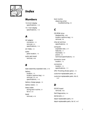 Page 991
,QGH[
1XPEHUV
13.3-inch display
specifications, 
1-12
14.1-inch display
specifications, 
1-12
$
AC adapter
connector, 
1-3
removal, 4-4
specifications, 1-14
air intake, 1-3
audio
jacks location, 
1-3
audio jack board
removal, 
4-46
%
base assembly exploded view, 4-15
battery
location, 
1-3
location (options bay), 1-3
removal, 4-5, 4-8
specifications, 1-13
battery charge gauge, 1-5
battery tester, 1-5
beep codes
during boot routine, 
3-1
list of, 3-2
bezel
removal, 
4-18
boot routine
observing when...