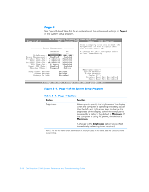 Page 146B-18 Dell Inspiron 3700 System Reference and Troubleshooting Guide
,
See Figure B-4 and Table B-4 for an explanation of the options and settings on Pa ge 4 
of the System Setup program.
	%
3%
2
2
3
(*+	%
3%)


 

Brightness Allows you to specify the brightness of the display 
when the computer is operating on battery power. 
Use the left- and right-arrow keys to change the 
brightness of the display. When the computer is 
powered by a...