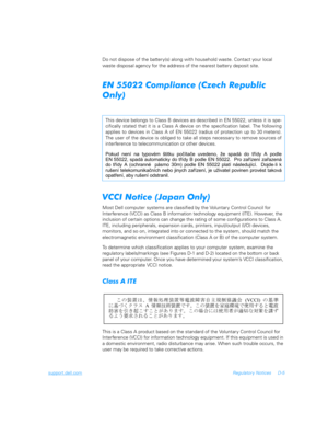 Page 165support.dell.comRegulator y Notices D-5
Do not dispose of the battery(s) along with household waste. Contact your local 
waste disposal agency for the address of the nearest battery deposit site. 
$	44566	
	1
7		
3
*

	$
	18	3
Most Dell computer systems are classified by the Voluntary Control Council for     
Interference (VCCI) as Class B information technology equipment (ITE). However, the 
inclusion of certain options can change the rating of some configurations to...