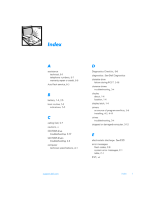 Page 179support.dell.comIndex 1
	*

assistance
technical, 5-1
telephone numbers, 5-7
warranty repair or credit, 5-5
AutoTech service, 5-3
)
battery, 1-4, 2-5
boot routine, 3-2
indications, 3-6


calling Dell, 5-7
cautions, x
CD-ROM drive
troubleshooting, 3-17
CD-ROM drives
troubleshooting, 3-4
computer
technical specifications, A-1

Diagnostics Checklist, 5-6
diagnostics. See Dell Diagnostics
diskette drive
failure during POST, 3-16
diskette drives
troubleshooting, 3-4
display
about, 1-4
location, 1-4...