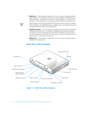 Page 281-6 Dell Inspiron 3700 System Reference and Troubleshooting Guide
Media bay — The standard configuration of your computer includes a diskette 
drive installed in the media bay. You can also install a battery, a CD-ROM drive, a 
DVD-ROM drive, a SuperDisk LS-120 drive, a second battery, or a second hard-
disk drive in the media bay. You remove and install all devices in the same way.
NOTE: Because the Microsoft Windows NT operating system does not support 
DVD technology, the DVD-ROM drive is available...