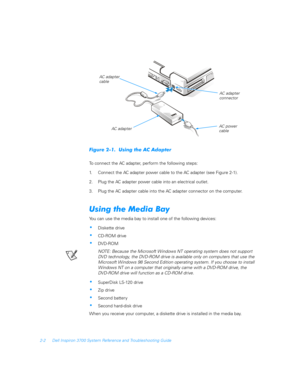 Page 342-2 Dell Inspiron 3700 System Reference and Troubleshooting Guide
	



To connect the AC adapter, perform the following steps:
1. Connect the AC adapter power cable to the AC adapter (see Figure 2-1).
2. Plug the AC adapter power cable into an electrical outlet.
3. Plug the AC adapter cable into the AC adapter connector on the computer.
(	
		)
You can use the media bay to install one of the following devices:
Diskette drive
CD-ROM drive
DV D - RO M
NOTE:...