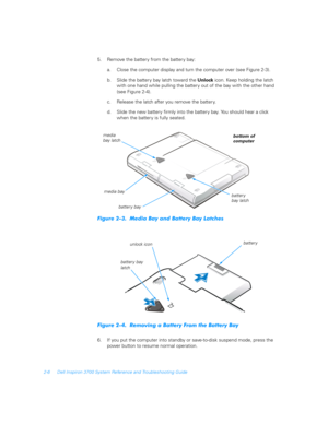 Page 382-6 Dell Inspiron 3700 System Reference and Troubleshooting Guide
5. Remove the batter y from the batter y bay:
a. Close the computer display and turn the computer over (see Figure 2-3).
b. Slide the batter y bay latch toward the Unlock icon. Keep holding the latch 
with one hand while pulling the batter y out of the bay with the other hand 
(see Figure 2-4).
c. Release the latch after you remove the batter y.
d. Slide the new battery firmly into the battery bay. You should hear a click 
when the batter...