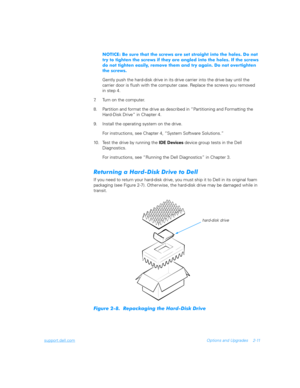Page 43support.dell.comOptions and Upgrades 2-11
%	>		

	
			
	

	
	
	 	
	
	

	
	

	
		#	
			
	
	 	#	
		
	
	

		$	
		
	 	
	
	$

	

	 
Gently push the hard-disk drive in its drive carrier into the drive bay until the     
carrier door is flush with the computer case. Replace the screws you removed   
in step 4.
7. Turn on the computer.
8. Partition and format the drive...