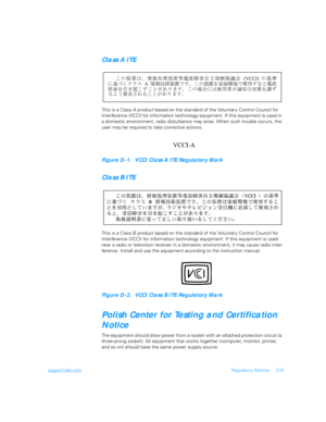 Page 113support.dell.comRegulator y Notices D-9
Class A ITE
This is a Class A product based on the standard of the Voluntar y Control Council for 
Interference (VCCI) for information technology equipment. If this equipment is used in 
a domestic environment, radio disturbance may arise. When such trouble occurs, the 
user may be required to take corrective actions.
Figure D-1.  VCCI Class A ITE Regulatory Mark 
Class B ITE
This is a Class B product based on the standard of the Voluntar y Control Council for...