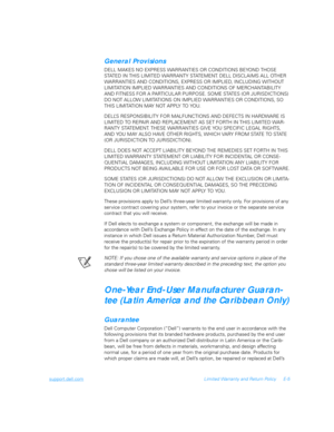 Page 121support.dell.comLimited Warranty and Return Policy E-5
General Provisions
DELL MAKES NO EXPRESS WARRANTIES OR CONDITIONS BEYOND THOSE 
STATED IN THIS LIMITED WARRANTY STATEMENT. DELL DISCLAIMS ALL OTHER 
WARRANTIES AND CONDITIONS, EXPRESS OR IMPLIED, INCLUDING WITHOUT 
LIMITATION IMPLIED WARRANTIES AND CONDITIONS OF MERCHANTABILITY 
AND FITNESS FOR A PARTICULAR PURPOSE. SOME STATES (OR JURISDICTIONS) 
DO NOT ALLOW LIMITATIONS ON IMPLIED WARRANTIES OR CONDITIONS, SO 
THIS LIMITATION MAY NOT APPLY TO YOU....