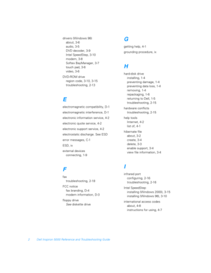 Page 1262 Dell Inspiron 5000 Reference and Troubleshooting Guide
drivers (Windows 98)
about, 3-6
audio, 3-5
DVD decoder, 3-9
Intel SpeedStep, 3-10
modem, 3-8
Softex BayManager, 3-7
touch pad, 3-6
video, 3-6
DVD-ROM drive
region code, 3-10, 3-15
troubleshooting, 2-13
E
electromagnetic compatibility, D-1
electromagnetic interference, D-1
electronic information service, 4-2
electronic quote service, 4-2
electronic support service, 4-2
electrostatic discharge. See ESD
error messages, C-1
ESD, ix
external devices...