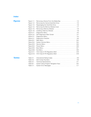 Page 17xix
Index
Figures
Figure 1-1. Removing a Device From the Media Bay  . . . . . . . . . . . . . . . . . . . . .  1-3
Figure 1-2. Removing the Internal Hard-Disk Drive . . . . . . . . . . . . . . . . . . . . . . .  1-5
Figure 1-3. Repackaging the Hard-Disk Drive  . . . . . . . . . . . . . . . . . . . . . . . . . . .  1-6
Figure 1-4. Removing the Memory Module Cover  . . . . . . . . . . . . . . . . . . . . . . .  1-7
Figure 1-5. Removing a Memory Module  . . . . . . . . . . . . . . . . . . . . . . . . . . ....