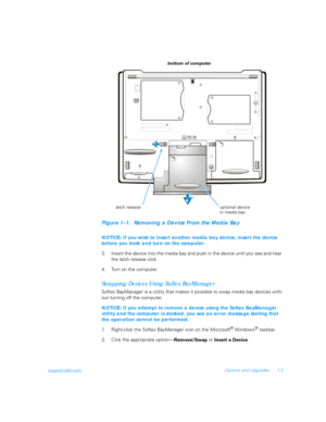 Page 21support.dell.comOptions and Upgrades 1-3
Figure 1-1.  Removing a Device From the Media Bay
NOTICE: If you wish to insert another media bay device, insert the device 
before you dock and turn on the computer.
3. Insert the device into the media bay and push in the device until you see and hear 
the latch release click.
4. Turn on the computer.
Swapping Devices Using Softex BayManager
Softex BayManager is a utility that makes it possible to swap media bay devices with-
out turning off the computer.
NOTICE:...