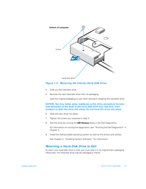 Page 23support.dell.comOptions and Upgrades 1-5
Figure 1-2.  Removing the Internal Hard-Disk Drive
4. Slide out the hard-disk drive.
5. Remove the new hard-disk drive from its packaging.
Save the original packaging to use when storing or shipping the hard-disk drive.
CNOTICE: You may notice some resistance as the drive connects to its inter-
face connector at the back of the hard-disk drive bay. Use firm, even 
pressure to slide the drive into place. Do not force the drive into place.
6. Slide the new drive...