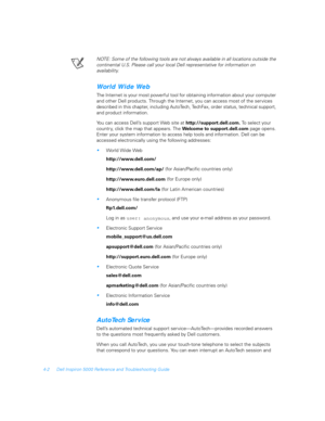 Page 704-2 Dell Inspiron 5000 Reference and Troubleshooting Guide
NOTE: Some of the following tools are not always available in all locations outside the 
continental U.S. Please call your local Dell representative for information on 
availabilit y.
World Wide Web
The Internet is your most powerful tool for obtaining information about your computer 
and other Dell products. Through the Internet, you can access most of the ser vices 
described in this chapter, including AutoTech, TechFax, order status, technical...