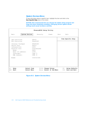 Page 98B-4 Dell Inspiron 5000 Reference and Troubleshooting Guide
System Devices Menu
To see information about a specific item, highlight the item and refer to the 
Item Specific Help area on the screen.
NOTICE: Dell recommends that you change the system setup program set-
tings only when absolutely necessary. Changing certain system device 
settings could cause hardware conflicts.
Figure B -2.  System Devices Menu
MainPhoenixBIOS Setup Utility
Item Specific Help
System Devices
Security Power Boot Exit
IDE...