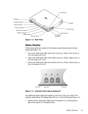 Page 11System Overview 1-3
)LJXUH%DFN9LHZ
6WDWXVLVSOD\
Three status lights are located in the indicator panel directly above the key-
board (see Figure 1-3):
‡Num Lock: Solid green light when Num Lock is on. Press  to 
turn this feature on or off. 
‡Caps Lock: Solid green light when Caps Lock is on. Press  to 
turn this feature on or off.
‡Scroll Lock: Solid green light when Scroll Lock is on. Press  to 
turn this feature on or off.
)LJXUH,QGLFDWRU3DQHODERYH.H\ERDUG
Five additional status...