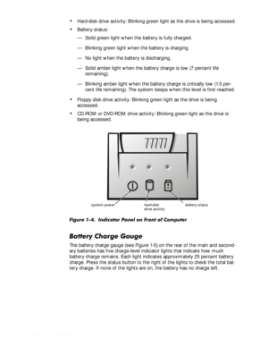 Page 121-4HOO,QVSLURQ6HUYLFH0DQXDO
‡Hard-disk drive activity: Blinking green light as the drive is being accessed.
‡Battery status: 
— Solid green light when the battery is fully charged.
— Blinking green light when the battery is charging.
— No light when the battery is discharging.
— Solid amber light when the battery charge is low (7 percent life 
remaining).
— Blinking amber light when the battery charge is critically low (1.5 per-
cent life remaining). The system beeps when this level is first...