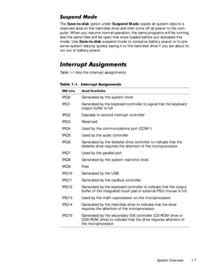 Page 15System Overview 1-7
6XVSHQG0RGH
The Save-to-disk option under Suspend Mode copies all system data to a 
reserved area on the hard-disk drive and then turns off all power to the com-
puter. When you resume normal operation, the same programs will be running 
and the same files will be open that were loaded before you activated this 
mode. Use Save-to-disk suspend mode to conserve battery power or to pre-
serve system data by quickly saving it to the hard-disk drive if you are about to 
run out of battery...