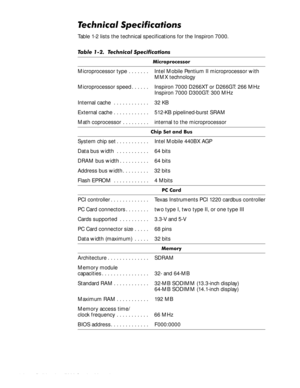 Page 161-8HOO,QVSLURQ6HUYLFH0DQXDO
7HFKQLFDO6SHFLILFDWLRQV
Table 1-2 lists the technical specifications for the Inspiron 7000.
7DEOH7HFKQLFDO6SHFLILFDWLRQV

0LFURSURFHVVRU
Microprocessor type . . . . . . . Intel Mobile Pentium II microprocessor with 
MMX technology
Microprocessor speed . . . . . . Inspiron 7000 D266XT or D266GT: 266 MHz
Inspiron 7000 D300GT: 300 MHz
Internal cache  . . . . . . . . . . . . 32 KB 
External cache . . . . . . . . . . . . 512-KB pipelined-burst SRAM
Math...