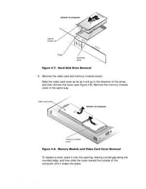 Page 404-6HOO,QVSLURQ6HUYLFH0DQXDO
)LJXUH+DUGLVNULYH5HPRYDO
8. Remove the video card and memory module covers.
Slide the video card cover as far as it will go in the direction of the arrow, 
and then remove the cover (see Figure 4-8). Remove the memory module 
cover in the same way.
)LJXUH0HPRU\0RGXOHDQG9LGHR&DUG&RYHU5HPRYDO
To replace a cover, place it over the opening, leaving a small gap along the 
rounded edge, and then slide the cover toward the outside of the 
computer...