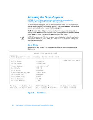 Page 118B-2Dell Inspiron 7500 System Reference and Troubleshooting GuideAccessing the Setup Program 
NOTICE: To avoid data loss, exit any application programs before 
rebooting the computer to enter the Setup program.
To access the Setup program, turn on the computer and press  as soon as you 
see the Dell logo screen and before the Windows logo screen appears. The computer 
reboots automatically when you exit the Setup program. 
The Main menu of the Setup program shows how the computer is configured. In...