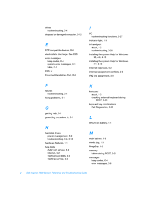 Page 1582Dell Inspiron 7500 System Reference and Troubleshooting Guide
drives
troubleshooting, 3-4
dropped or damaged computer, 3-12E
ECP-compatible devices, B-6
electrostatic discharge. See ESD
error messages
beep codes, C-4
system error messages, C-1
table, C-1
ESD, ix
Extended Capabilities Port, B-6F
failures
troubleshooting, 3-1
fixing problems, 5-1G
getting help, 5-1
grounding procedure, ix, 3-1H
hard-disk drives
power management, B-9
troubleshooting, 3-4, 3-18
hardware features, 1-1
help tools
AutoTech...