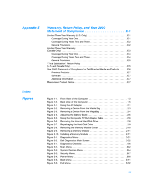 Page 17xixAppendix EWarranty, Return Policy, and Year 2000
Statement of Compliance . . . . . . . . . . . . . . . . . . . . . . .E-1
Limited Three-Year Warranty (U.S. Only) . . . . . . . . . . . . . . . . . . . . . . . . . . . . . . . . E-1
Coverage During Year One. . . . . . . . . . . . . . . . . . . . . . . . . . . . . . . . . . . . . . . . E-1
Coverage During Years Two and Three . . . . . . . . . . . . . . . . . . . . . . . . . . . . . . E-2
General Provisions . . . . . . . . . . . . . . . . . . . . . . . . ....