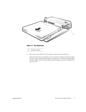 Page 11support.dell.comRemoving and Replacing Parts 3
Figure 2.  Port Replicator 
5. Remove the main batter y from the batter y compartment (see Figure 3). 
Unlock the latch lock on the bottom of the computer by flipping it toward the back 
of the computer. Slide the latch release in the direction of the arrow. Keep holding 
the latch release with one hand while pulling the batter y out of the compartment 
with the other.
1Release handles 