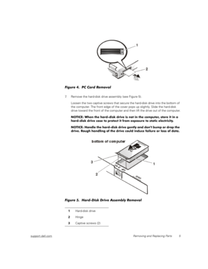 Page 13support.dell.comRemoving and Replacing Parts 5
Figure 4.  PC Card Removal
7. Remove the hard-disk drive assembly (see Figure 5). 
Loosen the two captive screws that secure the hard-disk drive into the bottom of 
the computer. The front edge of the cover pops up slightly. Slide the hard-disk 
drive toward the front of the computer and then lift the drive out of the computer.
NOTICE: When the hard-disk drive is not in the computer, store it in a 
hard-disk drive case to protect it from exposure to static...