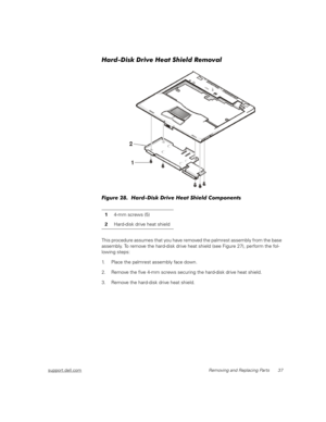 Page 45support.dell.comRemoving and Replacing Parts 37
Hard-Disk Drive Heat Shield Removal
Figure 28.  Hard-Disk Drive Heat Shield Components
This procedure assumes that you have removed the palmrest assembly from the base 
assembly. To remove the hard-disk drive heat shield (see Figure 27), perform the fol-
lowing steps:
1. Place the palmrest assembly face down.
2. Remove the five 4-mm screws securing the hard-disk drive heat shield.
3. Remove the hard-disk drive heat shield.14-mm screws (5)
2Hard-disk drive...