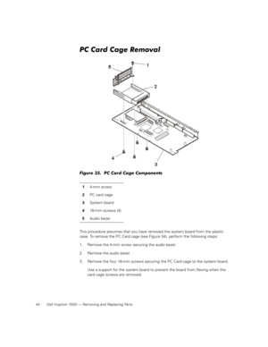 Page 5244 Dell Inspiron 7500 — Removing and Replacing Parts
PC Card Cage Removal
Figure 35.  PC Card Cage Components 
This procedure assumes that you have removed the system board from the plastic 
case. To remove the PC Card cage (see Figure 34), perform the following steps:
1. Remove the 4-mm screw securing the audio bezel.
2. Remove the audio bezel.
3. Remove the four 18-mm screws securing the PC Card cage to the system board.
Use a support for the system board to prevent the board from flexing when the...