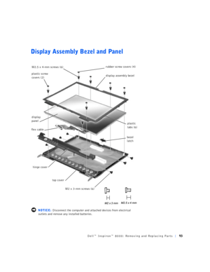 Page 21Dell™ Inspiron™ 8000: Removing and Replacing Parts93
Display Assembly Bezel and Panel
 NOTICE: Disconnect the computer and attached devices from electrical 
outlets and remove any installed batteries.
display
panel
top cover flex cableM2.5 x 4-mm screws (6)
bezel 
latch rubber screw covers (4)
plastic screw
covers (2)
M2 x 3-mm screws (6)display assembly bezel
hinge coverplastic 
tabs (6) 