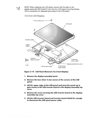 Page 684-32 Dell Latitude CP and CPi Service Manual
NOTE: When replacing the LCD panel, ensure that the tabs on the 
display-assembly EMI shield fit over the four LCD panel mounting bosses. 
(This is necessary for adequate grounding of the LCD panel.)
,QFK/&LVSOD\V
)LJXUH  /& 3DQHO 5HPRYDO ,QFK LVSOD\   
 5HPRYH WKH GLVSOD\ DVVHPEO\ EH]HO
 5HPRYH WKH IRXU VLOYHU PP VFUHZV DW WKH FRUQHUV RI WKH /&
SDQHO
 /LIW WKH XSSHU HGJH RI WKH /& SDQHO DQG SLYRW WKH SDQHO XS WR
JDLQ DFFHVV WR...