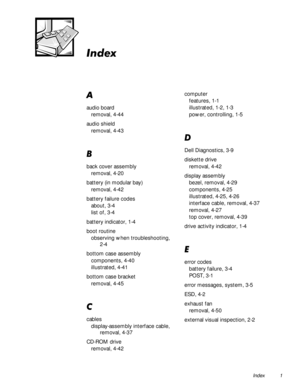 Page 89Index 1
,QGH[
$
audio board
removal, 4-44
audio shield
removal, 4-43
%
back cover assembly
removal, 4-20
battery (in modular bay)
removal, 4-42
battery failure codes
about, 3-4
list of, 3-4
battery indicator, 1-4
boot routine
observing when troubleshooting, 
2-4
bottom case assembly
components, 4-40
illustrated, 4-41
bottom case bracket
removal, 4-45
&
cables
display-assembly interface cable, 
removal, 4-37
CD-ROM drive
removal, 4-42computer
features, 1-1
illustrated, 1-2, 1-3
power, controlling, 1-5...