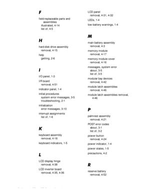Page 902 Dell Latitude CP and CPi Service Manual
)
field-replaceable parts and 
assemblies
illustrated, 4-14
list of, 4-5
+
hard-disk drive assembly
removal, 4-15
help
getting, 2-6
,
I/O panel, 1-3
I/R board
removal, 4-51
indicator panel, 1-4
initial procedures
system error messages, 3-5
troubleshooting, 2-1
initialization
error messages, 3-10
interrupt assignments
list of, 1-6
.
keyboard assembly
removal, 4-18
keyboard indicators, 1-5
/
LCD display hinge
removal, 4-38
LCD inverter board
removal, 4-35, 4-36LCD...