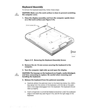 Page 544-18 Dell Latitude CP and CPi Service Manual
.H\ERDUG$VVHPEO\
To remove the keyboard assembly, follow these steps:    
&$87,21 0DNH VXUH WKH ZRUN VXUIDFH LV FOHDQ WR SUHYHQW VFUDWFKLQJ
WKH FRPSXWHU FRYHU
 &ORVH WKH GLVSOD\ DVVHPEO\ DQG WXUQ WKH FRPSXWHU XSVLGH GRZQ
RQ D IODW ZRUN VXUIDFH
VHH )LJXUH 
)LJXUH  5HPRYLQJ WKH .H\ERDUG $VVHPEO\ 6FUHZV
 5HPRYH WKH VL[ PP VFUHZV VHFXULQJ WKH NH\ERDUG WR WKH
FRPSXWHU
 7XUQ WKH FRPSXWHU ULJKWVLGH XS DQG RSHQ WKH GLVSOD\
&$87,21 7KH...